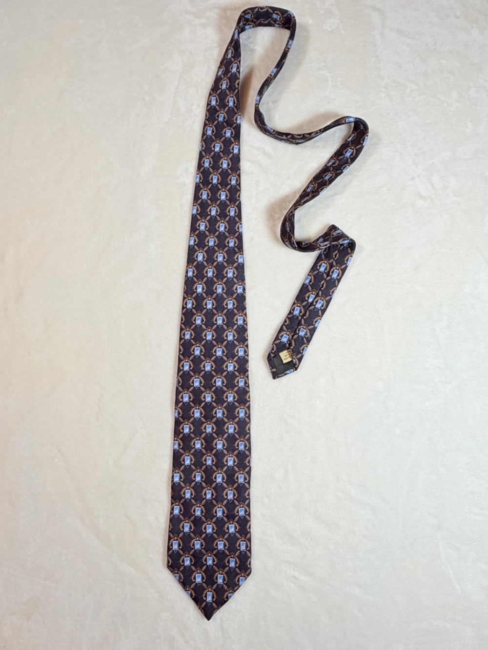 Villa Bolgheri Men's Geometric Gem‎ Motif Navy Gold Brown 100% Silk Woven Tie